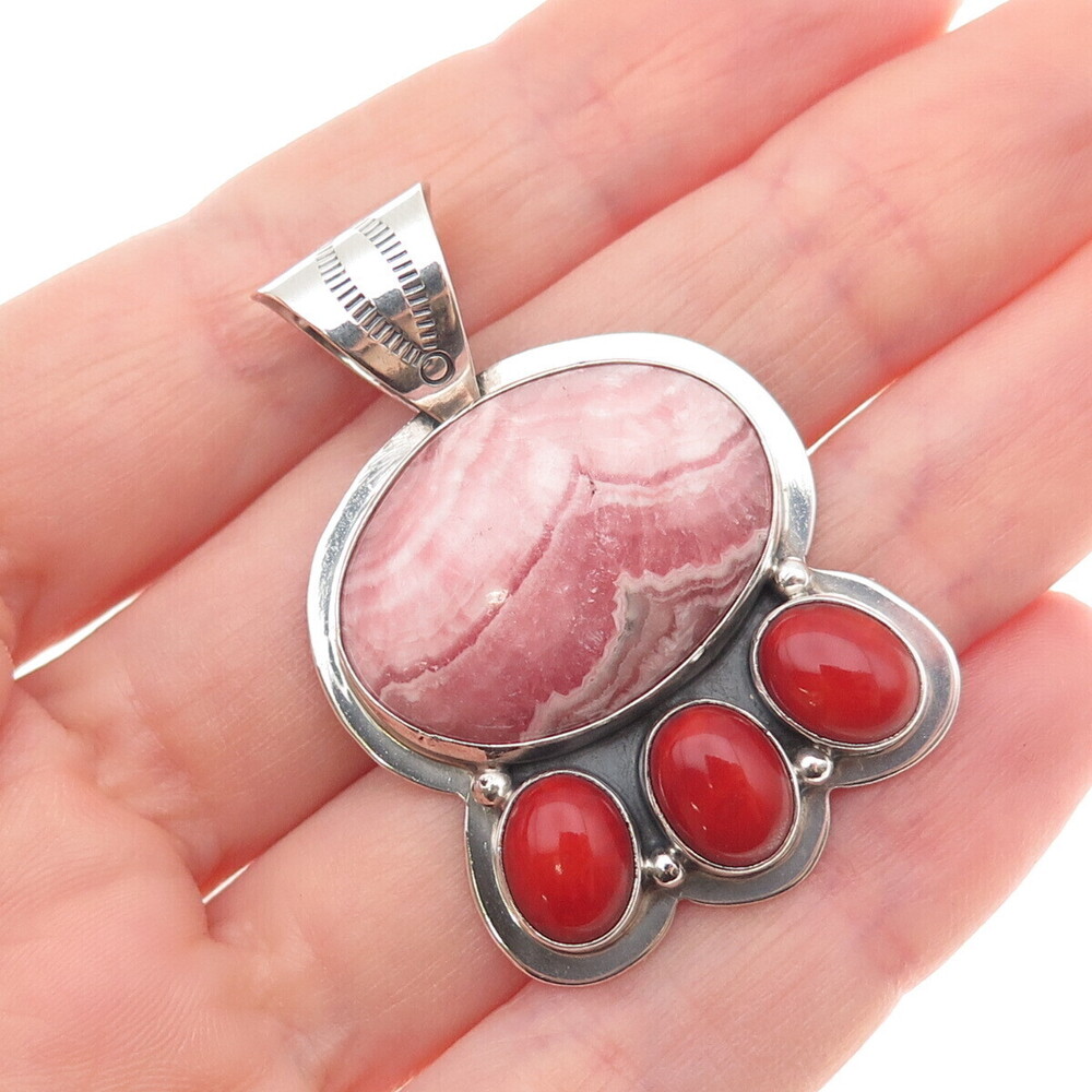 Running Bear Old Pawn 925 Sterling Silver Vintage Rhodochrosite & Coral Pendant